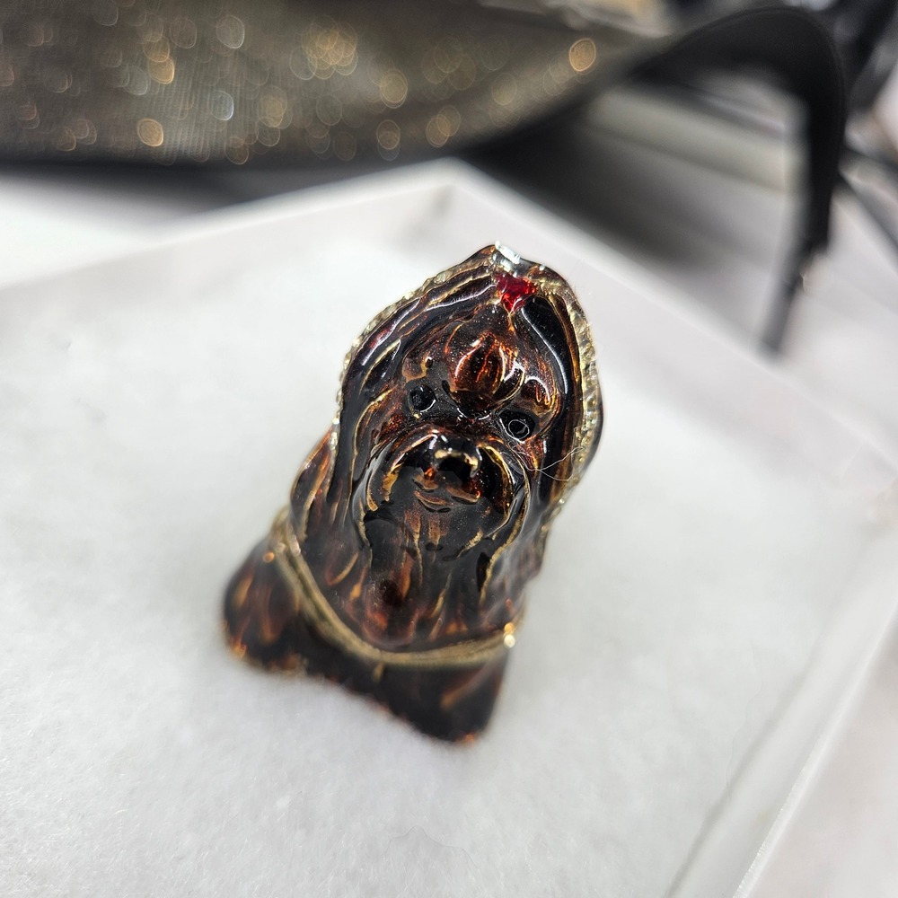 Yorkshire Terrier Enameled Trinket Box Brown Gold Rhinestone‎ Dog Figurine 2"